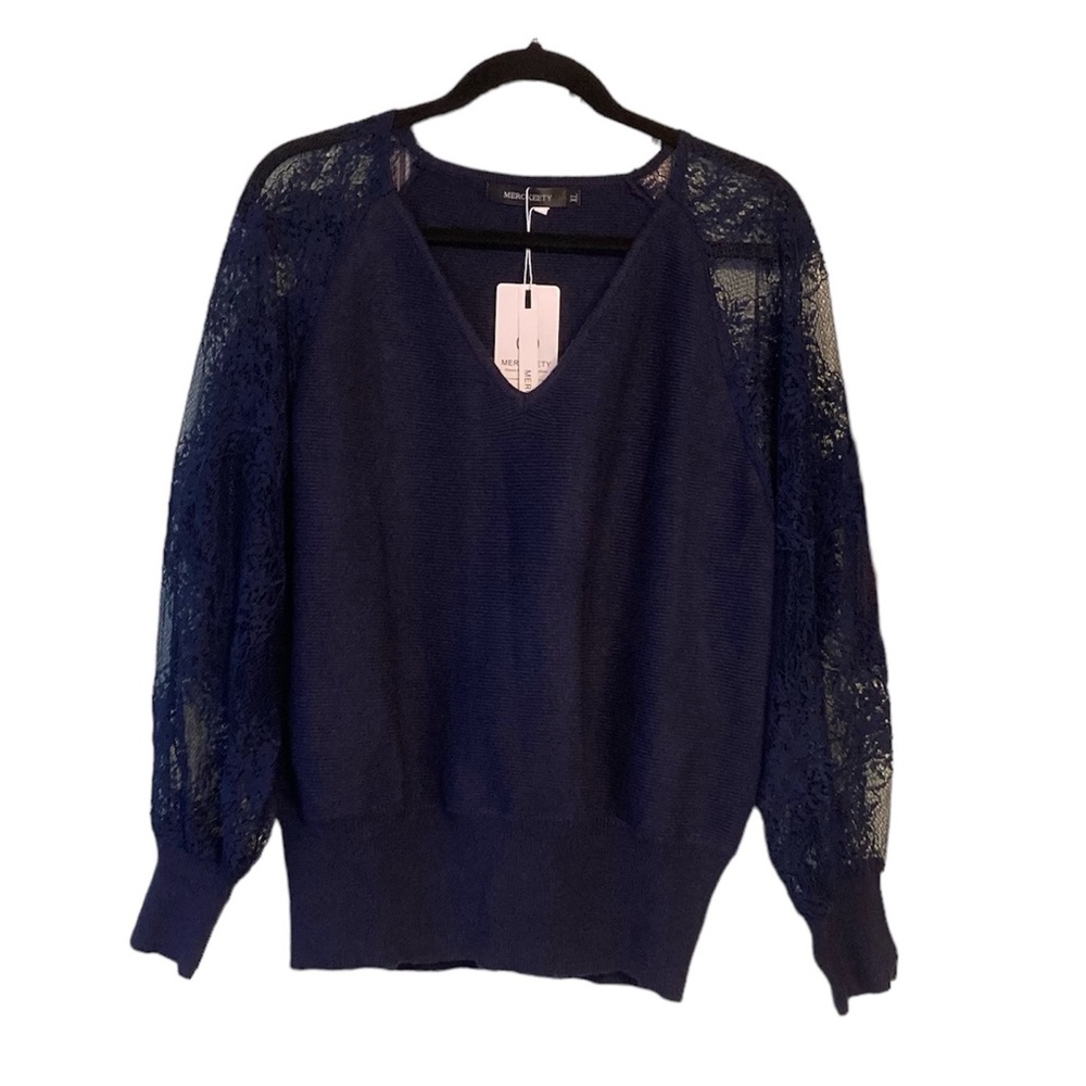 Merokeety v neck long laced sleeve ribbed pullover sweater Navy Blue XL